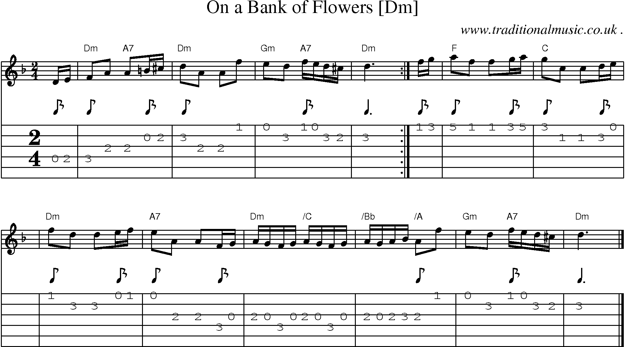 Sheet-music  score, Chords and Guitar Tabs for On A Bank Of Flowers [dm]